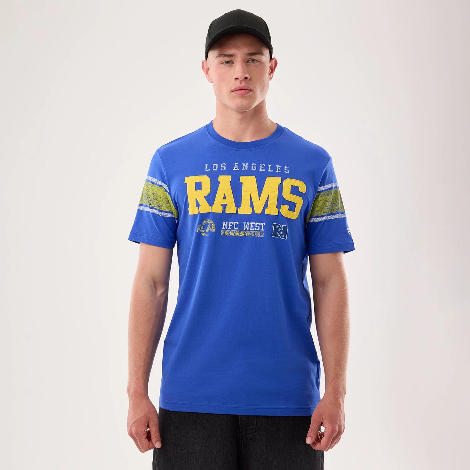 The model is wearing this NFL Sideline 2026 LA Rams T-Shirt in bright blue. 1