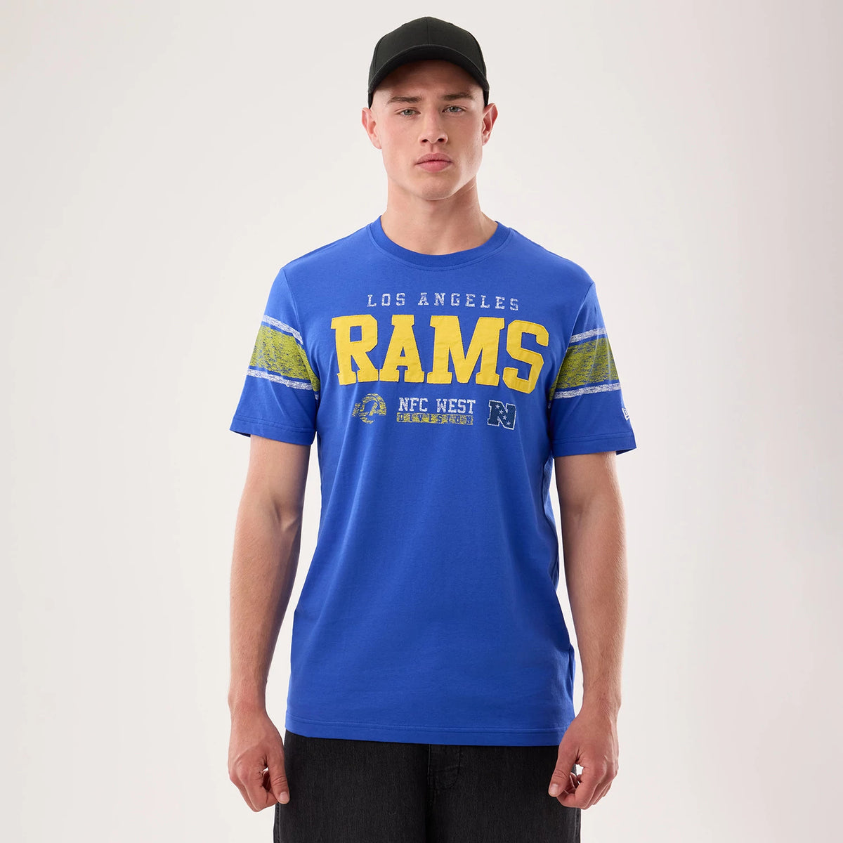 The model is wearing this NFL Sideline 2026 LA Rams T-Shirt in bright blue. 1