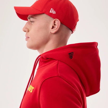 The model is wearing this NFL Sideline 2026 Kansas City Chiefs Pullover Hoodie in red. 5
