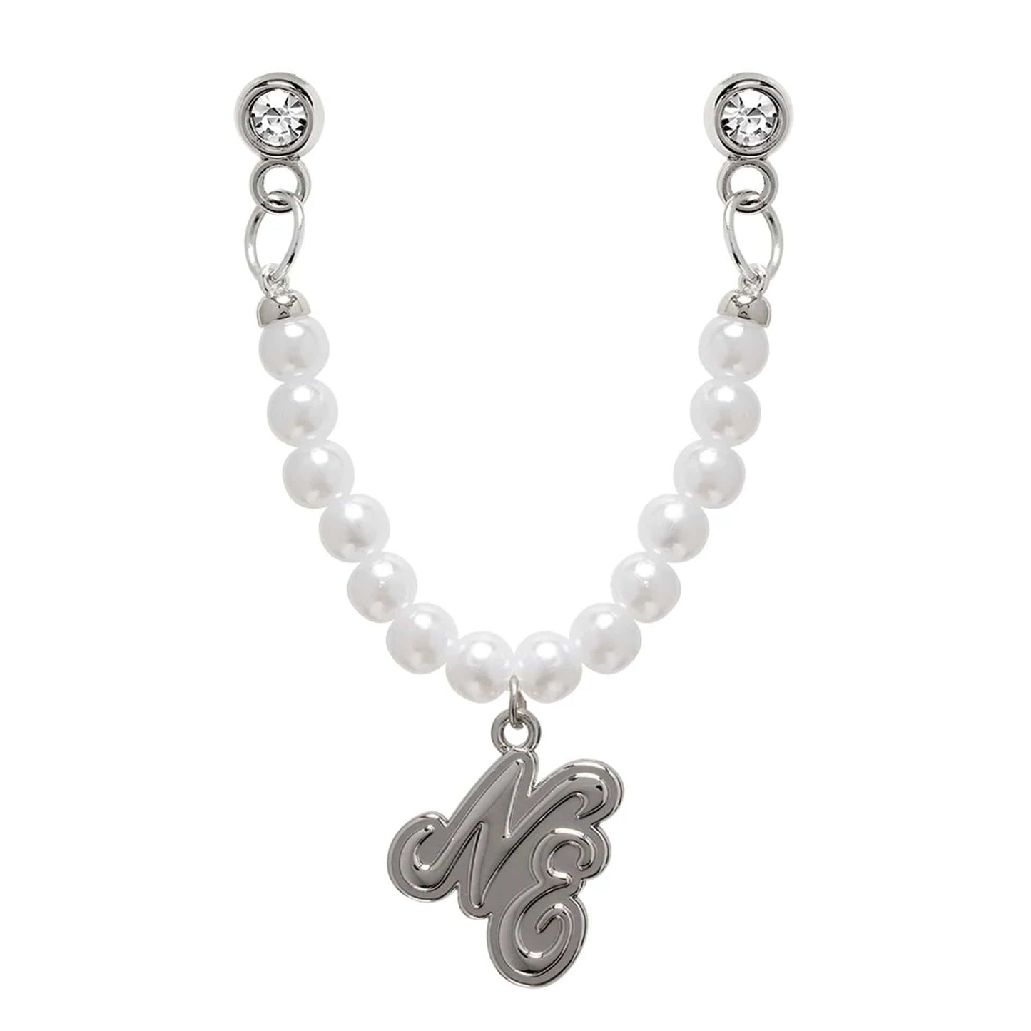 Pictured is this New Era Faux Pearl Chain Pin Badge in silver. 1