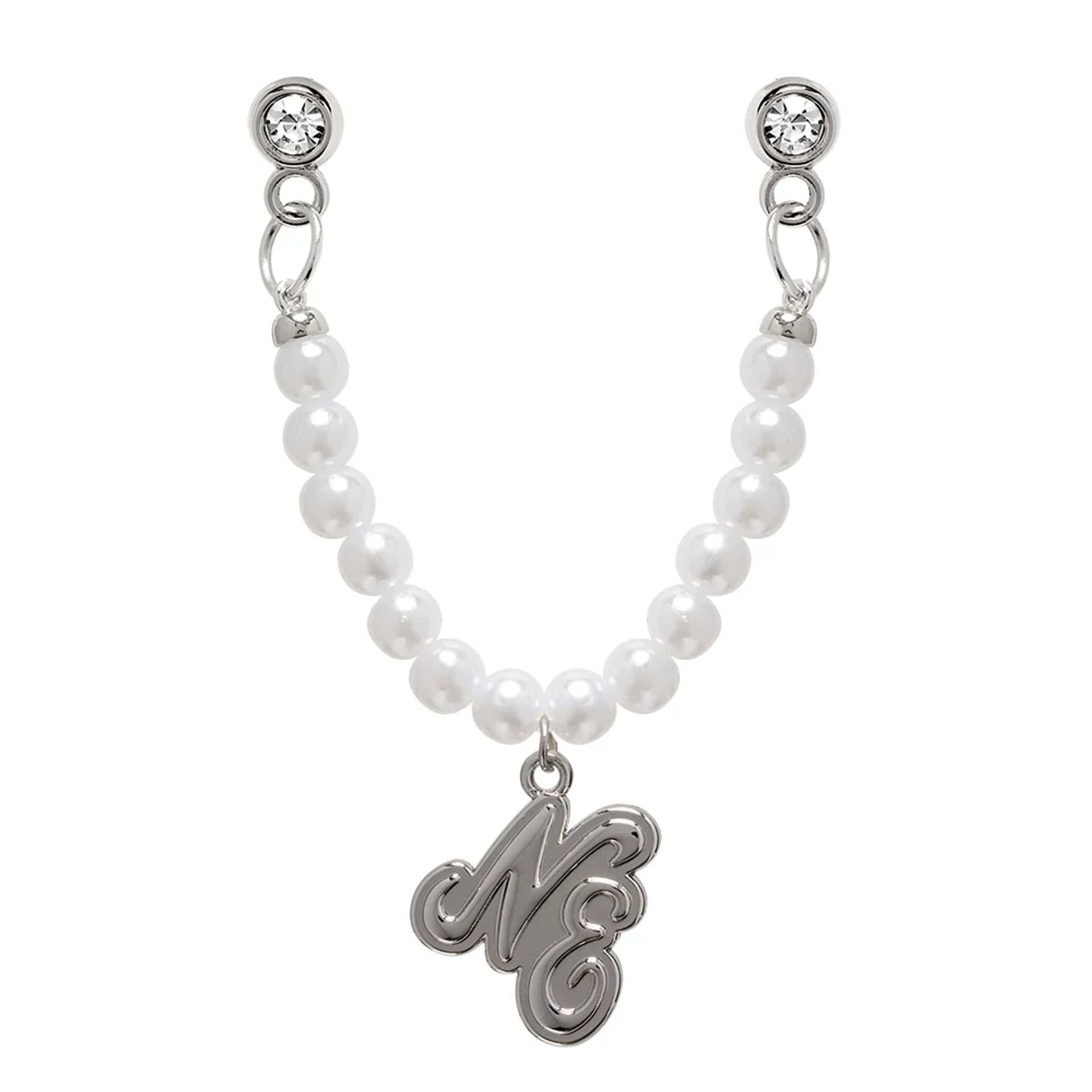 Pictured is this New Era Faux Pearl Chain Pin Badge in silver. 1