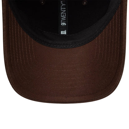 Womens New Era Textured Dark Brown 9TWENTY Adjustable Cap, inside view showing the dark brown curved visor with prominent stitching, black sweatband, and dark brown interior panels, with a centred 9TWENTY label underneath the crown.
