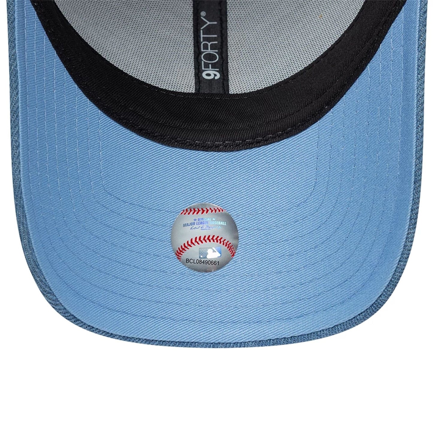 Pictured is this Womens MLB Denim LA Dodgers 9FORTY Bowback cap in pastel blue. 7
