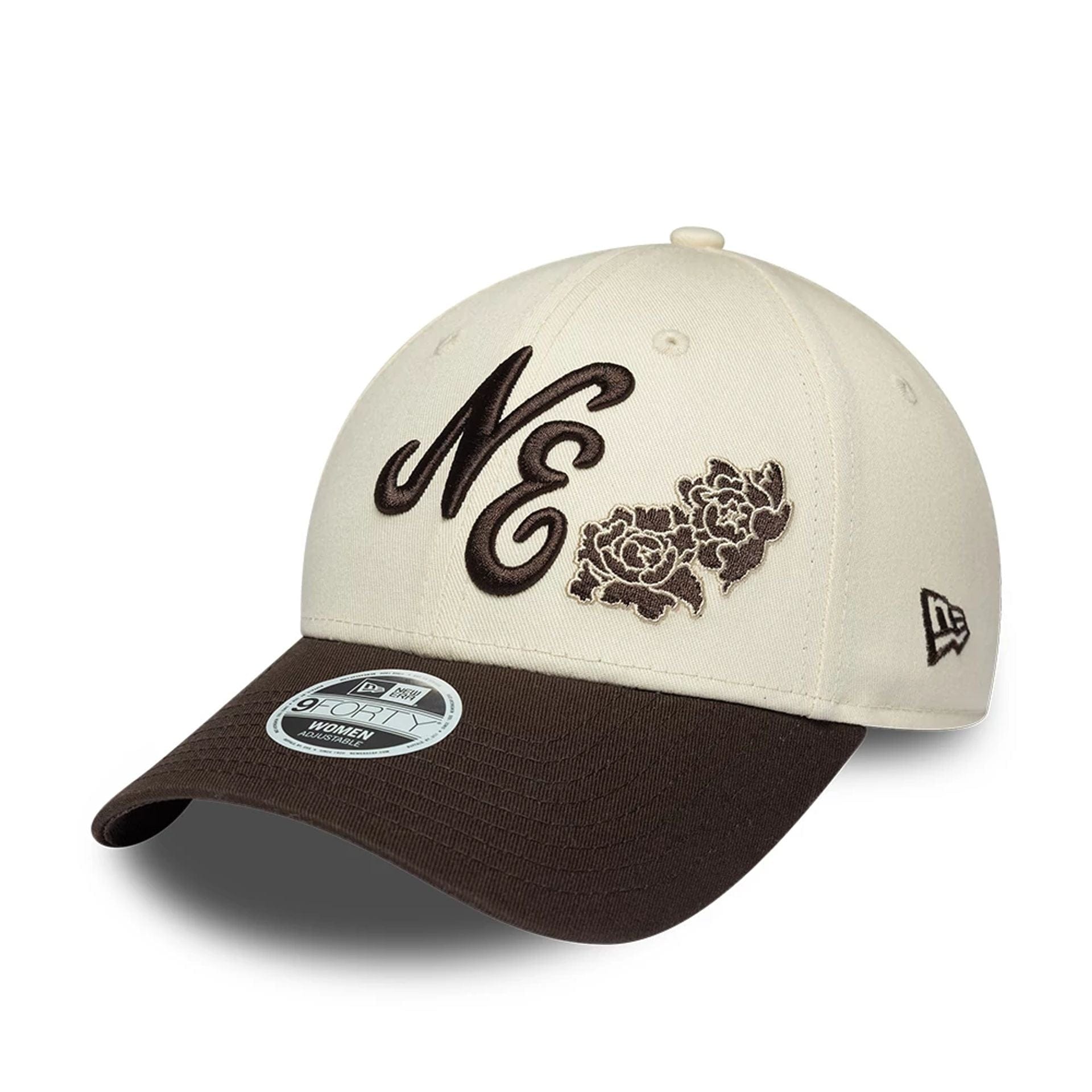 Pictured is this Womens New Era Floral 9FORTY cap in light beige. 1
