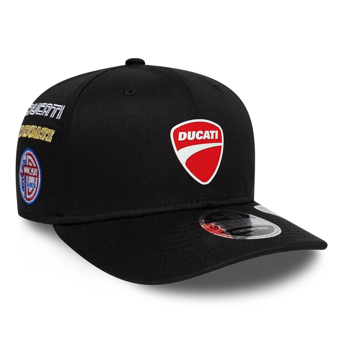 Pictured is this Ducati Motor Logo Patch 9SEVENTY Stretch Snap cap in black. 3