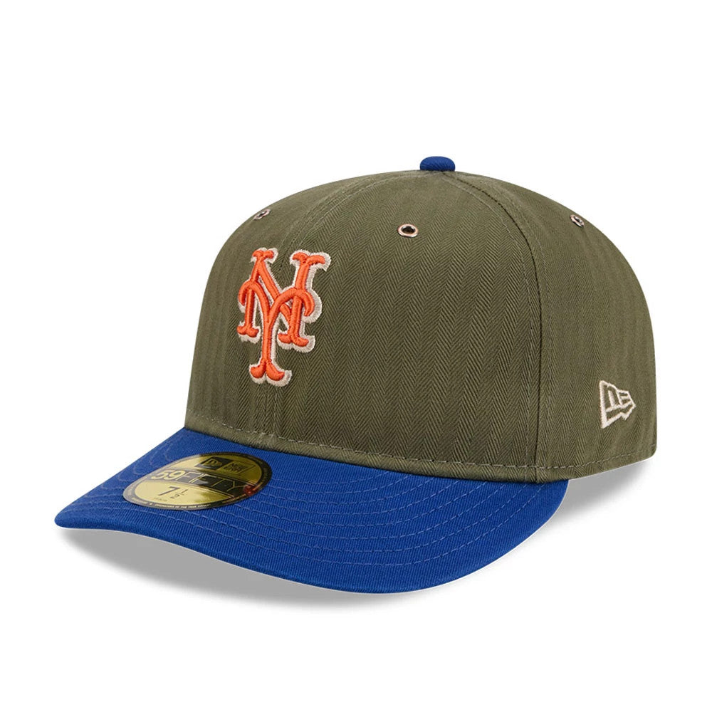 New York Mets MLB American Herringbone Green New Era 59FIFTY Fitted Cap, three-quarter view showing the orange raised embroidered NY logo on the front panel, blue flat visor with gold 59FIFTY size sticker, and New Era flag logo on the left side.