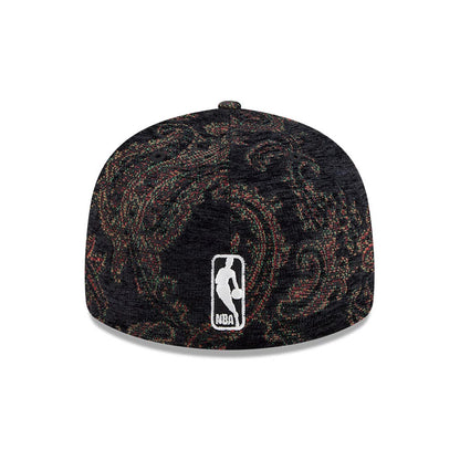 LA Lakers NBA Jacquard Chenille Black New Era 59FIFTY Fitted Cap, rear view showing the white embroidered NBA logo at the centre of the back panel, with an intricate multicoloured pattern across the black structured crown.