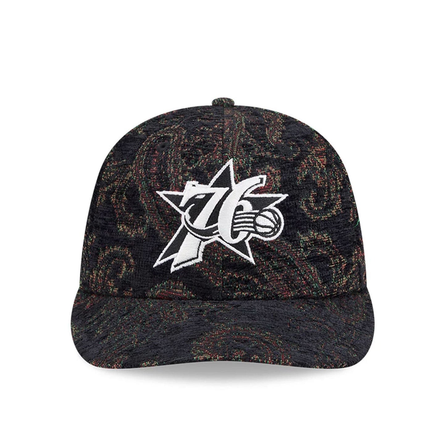 Pictured is this NBA Jacquard Chenille Philadelphia 76ers 59FIFTY Fitted cap in black. 3