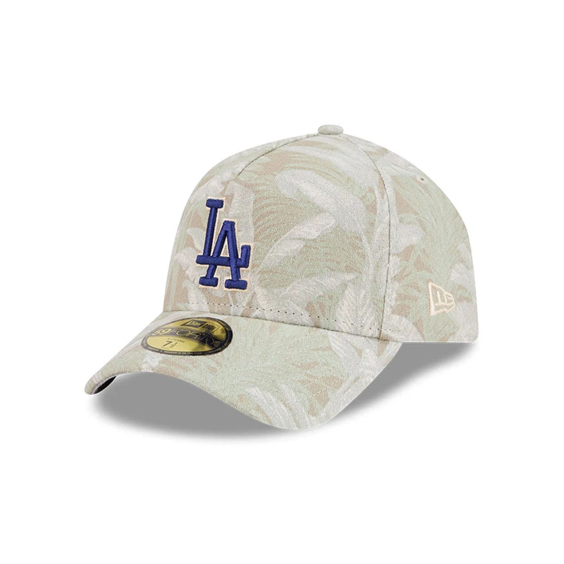 Pictured is this MLB Leafy Palm LA Dodgers 59FORTY A-Frame Fitted cap in light beige. 1