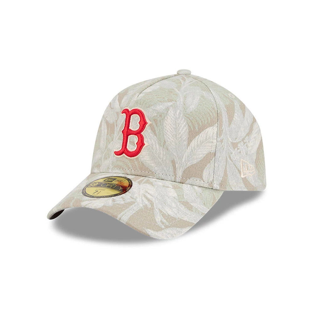 Boston Red Sox MLB Leafy Palm Light Beige New Era 59FORTY A-Frame Fitted Cap, three-quarter view showing the raised red embroidered B logo on the front panel, leafy palm pattern across the crown, and gold 59FORTY size sticker on the visor.