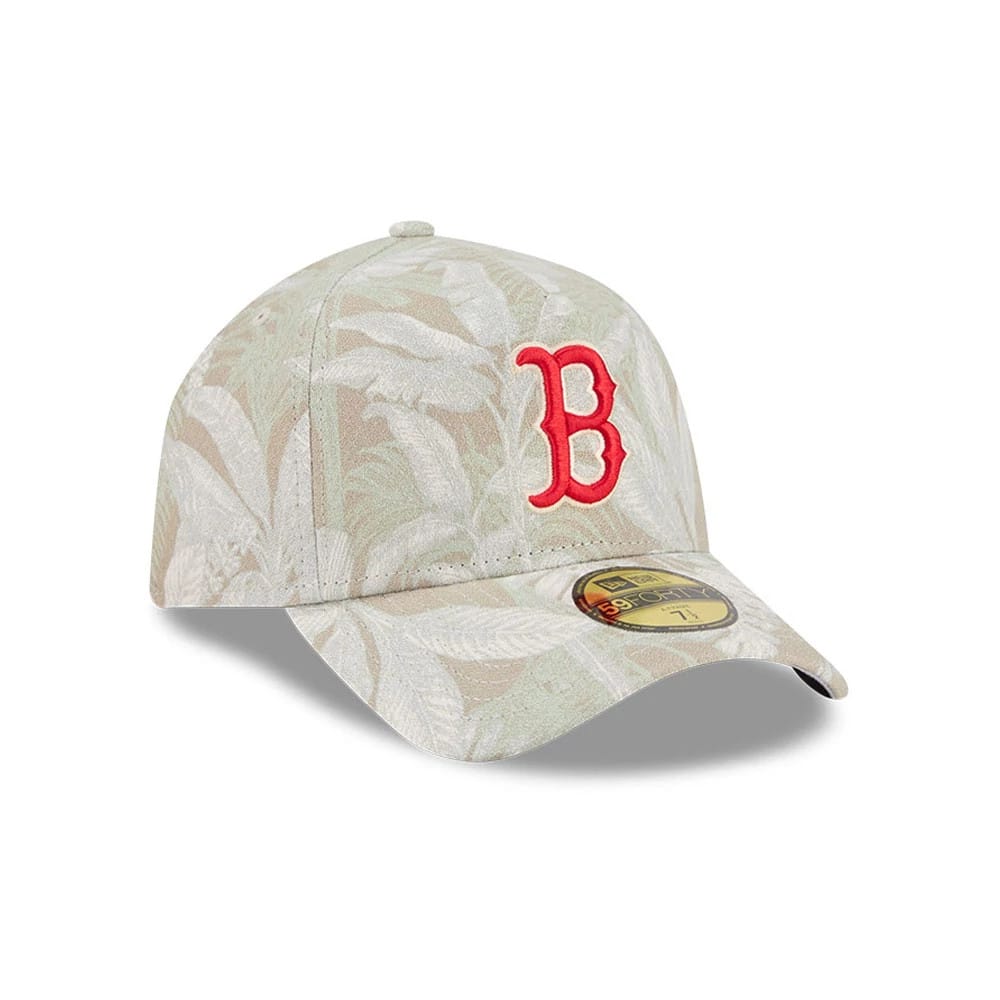 Pictured is this MLB Leafy Palm Boston Red Sox 59FORTY A-Frame Fitted cap in light beige. 4