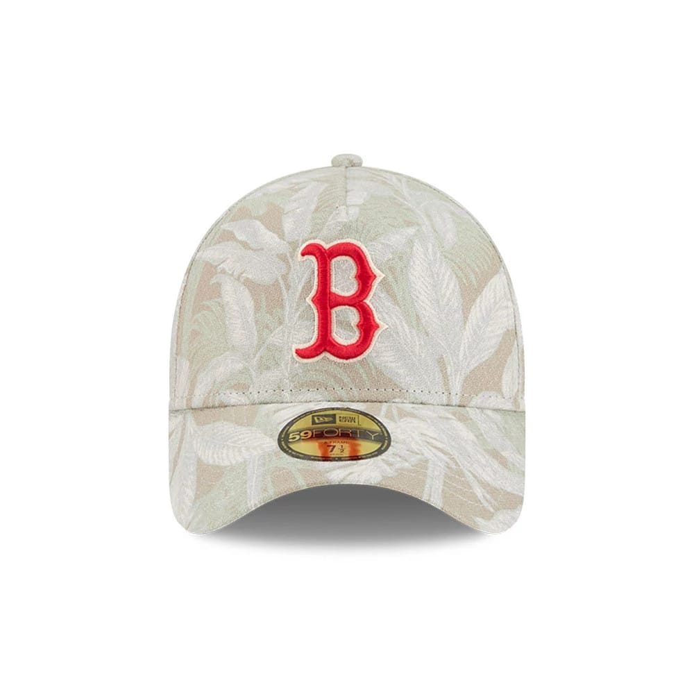 Pictured is this MLB Leafy Palm Boston Red Sox 59FORTY A-Frame Fitted cap in light beige. 3