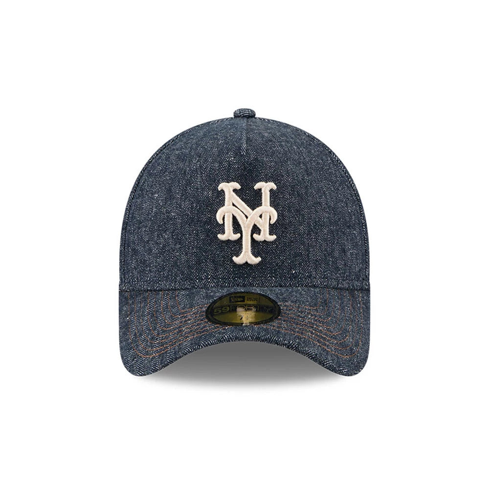 Pictured is this MLB Quickstrike Herringbone Denim New York Mets 59FORTY A-Frame Fitted cap in navy. 3