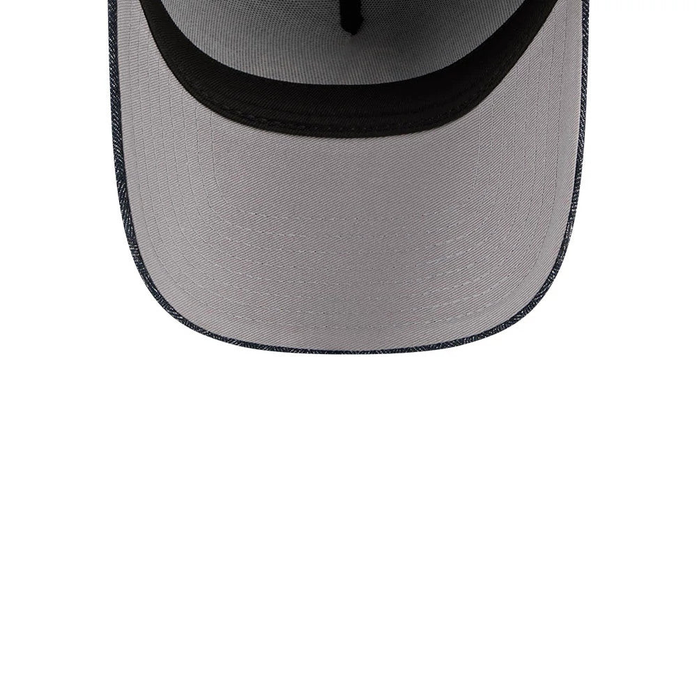 Pictured is this MLB Quickstrike Herringbone Denim Athletics 59FORTY A-Frame Fitted cap in navy. 2