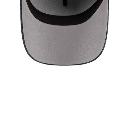 Pictured is this MLB Quickstrike Herringbone Denim Athletics 59FORTY A-Frame Fitted cap in navy. 2