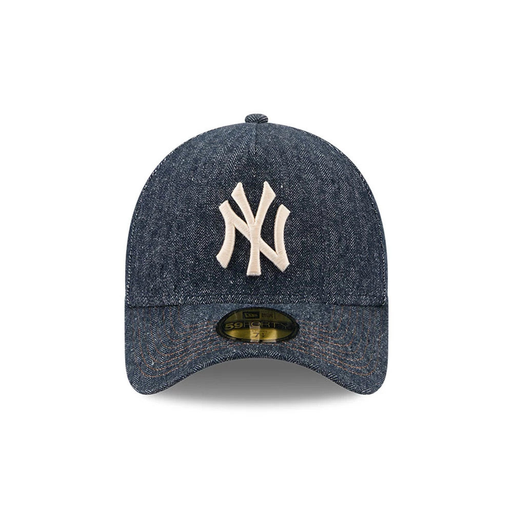 Pictured is this MLB Quickstrike Herringbone Denim New York Yankees 59FORTY A-Frame Fitted cap in navy. 3