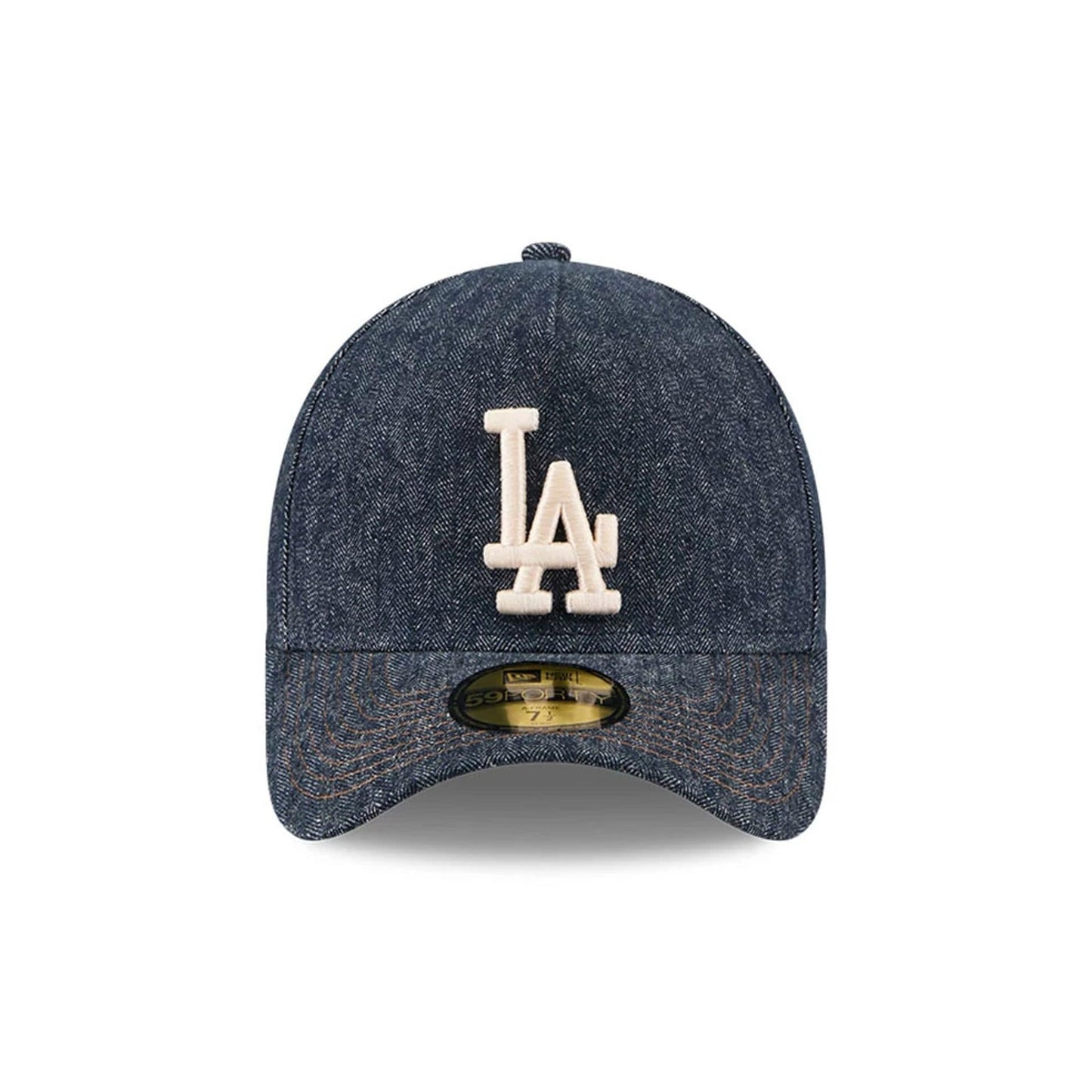 Pictured is this MLB Quickstrike Herringbone Denim LA Dodgers 59FORTY A-Frame Fitted cap in navy. 3
