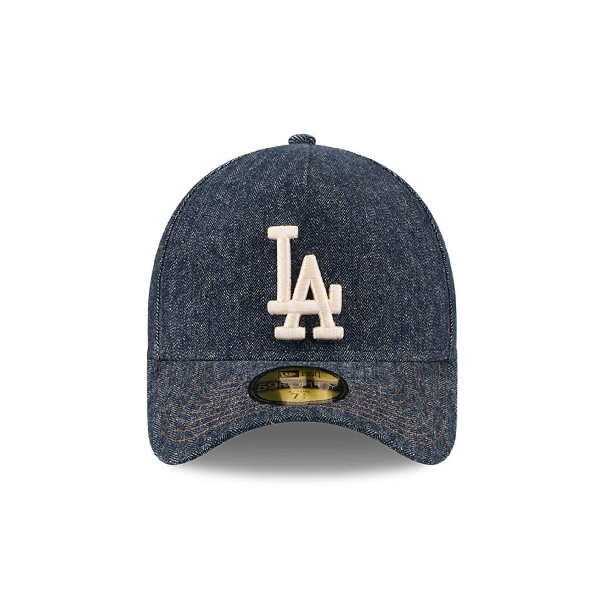 Pictured is this MLB Quickstrike Herringbone Denim LA Dodgers 59FORTY A-Frame Fitted cap in navy. 3
