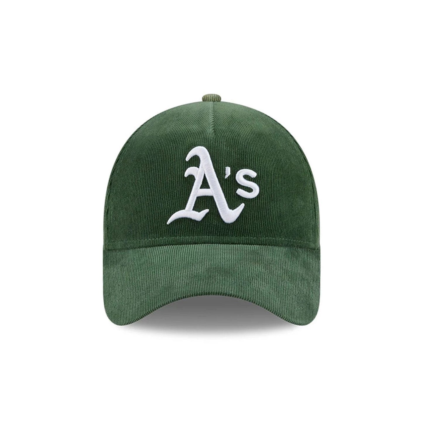 Pictured is this MLB Quickstrike Snow Wash Cord Athletics 59FORTY A-Frame Fitted cap in dark green. 3