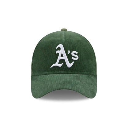 Pictured is this MLB Quickstrike Snow Wash Cord Athletics 59FORTY A-Frame Fitted cap in dark green. 3