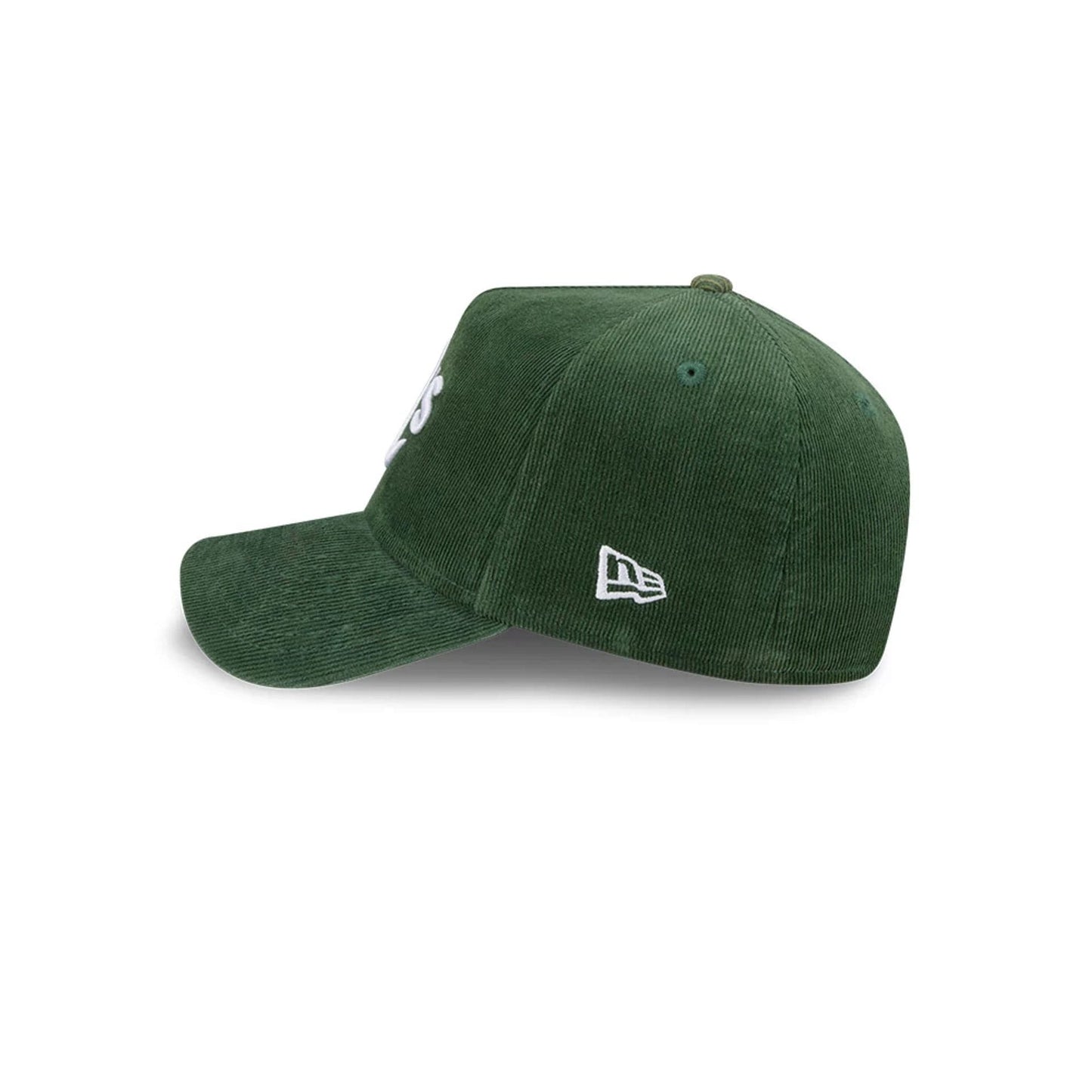 Pictured is this MLB Quickstrike Snow Wash Cord Athletics 59FORTY A-Frame Fitted cap in dark green. 6