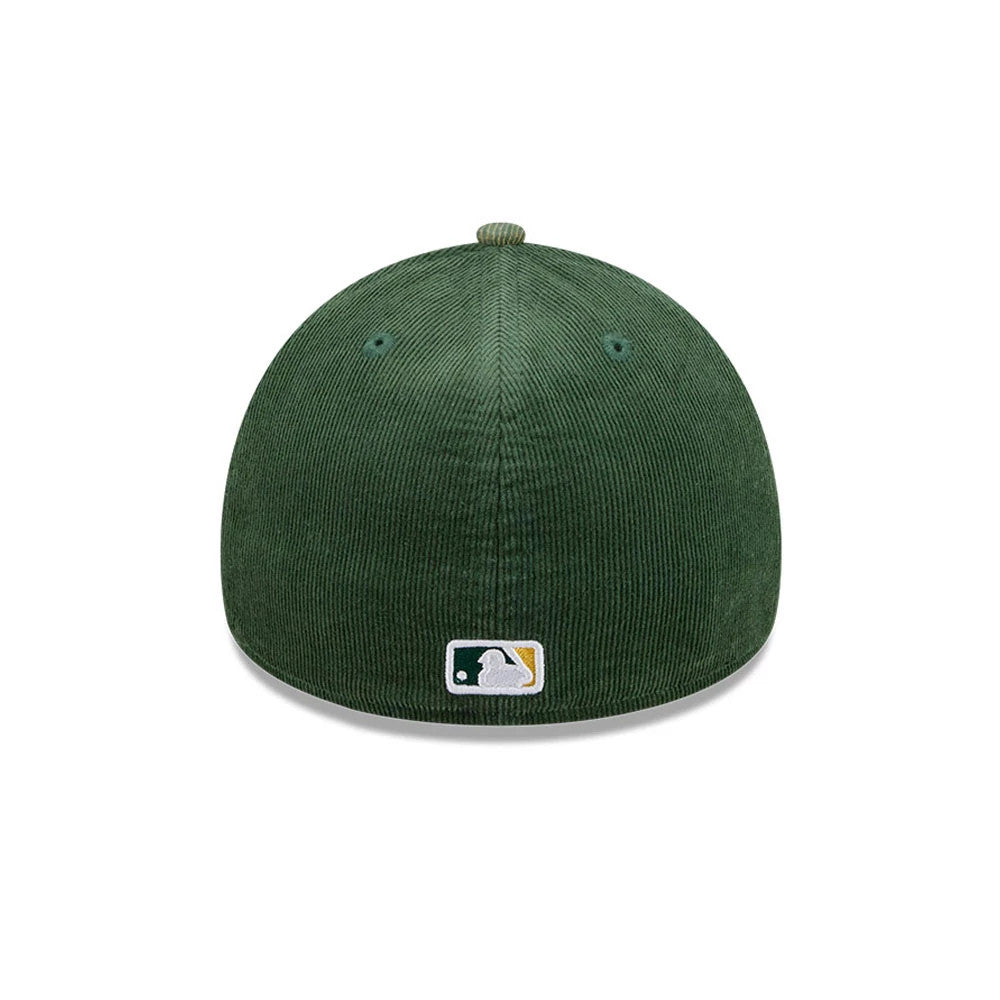 Pictured is this MLB Quickstrike Snow Wash Cord Athletics 59FORTY A-Frame Fitted cap in dark green. 5