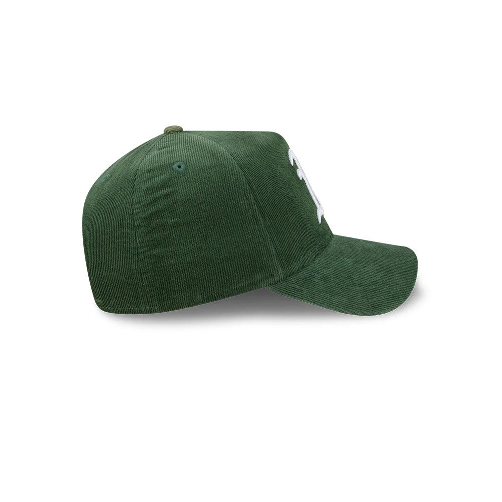 Pictured is this MLB Quickstrike Snow Wash Cord Athletics 59FORTY A-Frame Fitted cap in dark green. 7