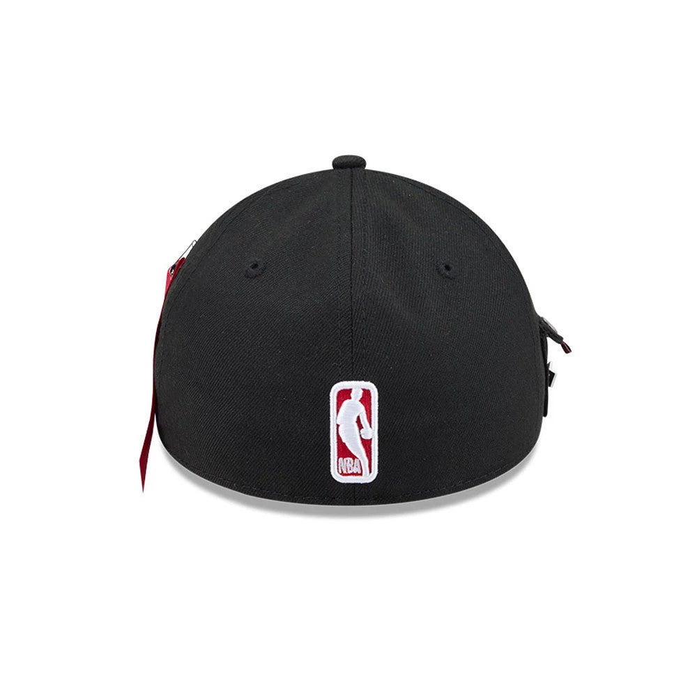 Chicago Bulls NBA X Alpha Black New Era 59FORTY A-Frame Fitted Cap, rear view showing the red and white embroidered NBA logo at the centre of the back panels, with a structured black crown and red accents on the side.