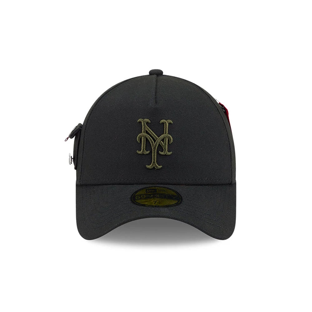 New York Mets MLB X Alpha Black New Era 59FORTY A-Frame Fitted Cap, front view showing the olive green embroidered NY Mets logo on the structured black crown, with a curved visor and 59FORTY size sticker at the centre.