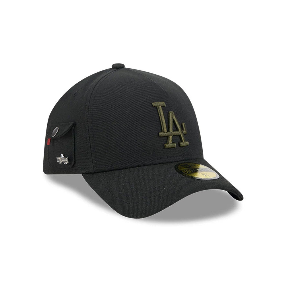 LA Dodgers MLB X Alpha Black New Era 59FORTY A-Frame Fitted Cap, three-quarter view showing an olive green embroidered LA logo on the front panel, a small side pocket with a button on the left side, and a gold 59FORTY size sticker on the visor.
