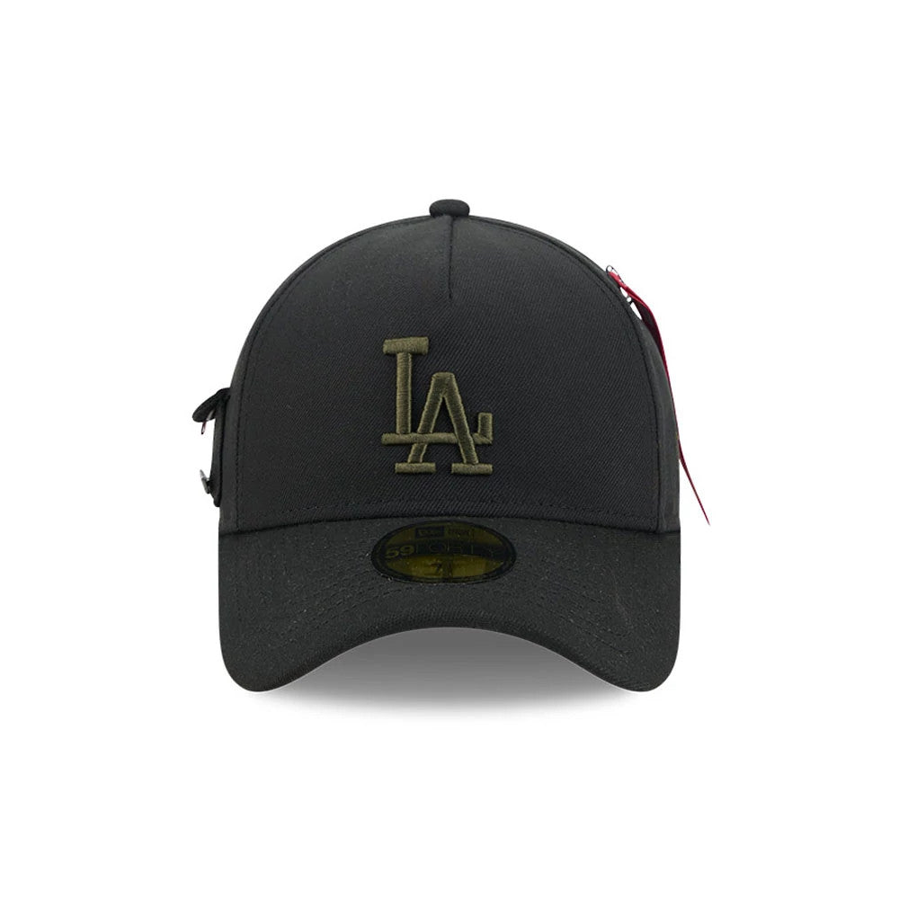 LA Dodgers MLB X Alpha Black New Era 59FORTY A-Frame Fitted Cap, front view showing the gold embroidered LA logo on the structured black crown, a curved visor, and a black 59FORTY size sticker on the undervisor.