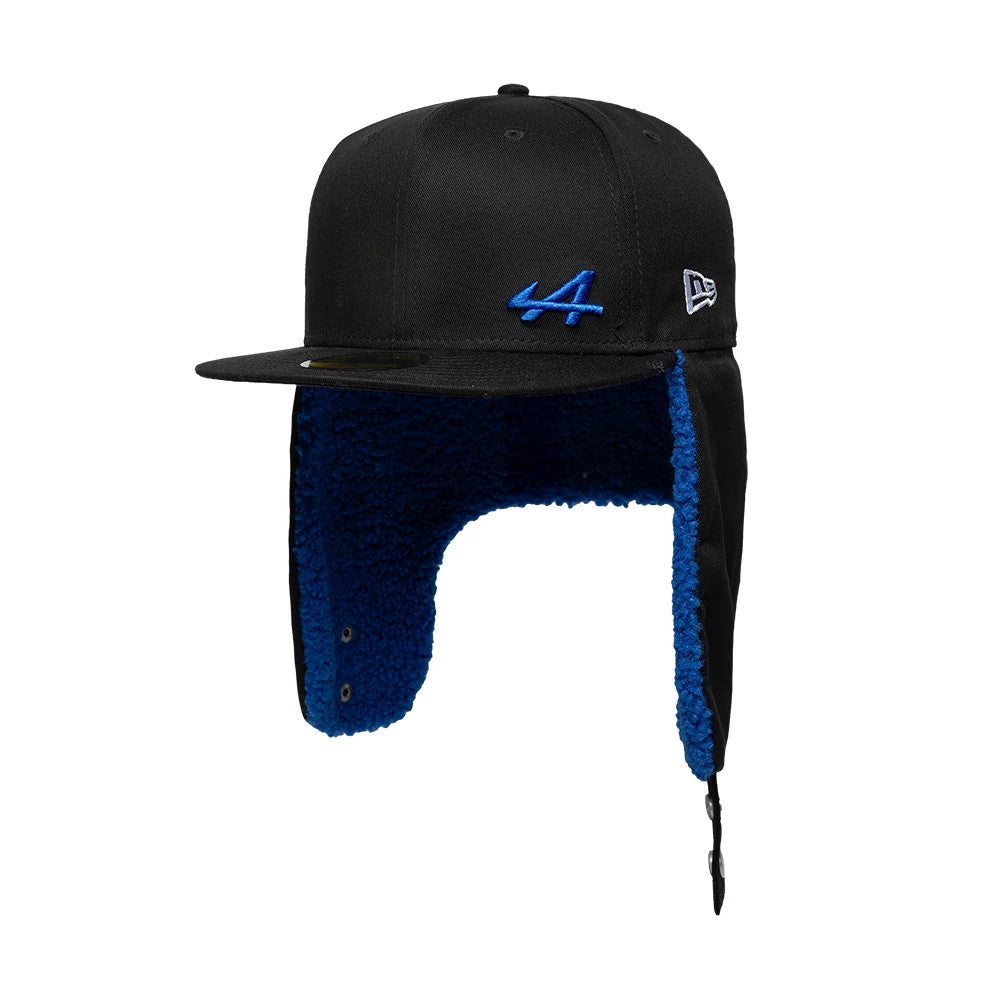 Alpine Racing A390 Navy Dogear New Era 59FIFTY Fitted Cap, side view showing the blue A logo on the front panel, New Era flag logo on the left side, and navy dogear flaps lined with blue sherpa fleece.