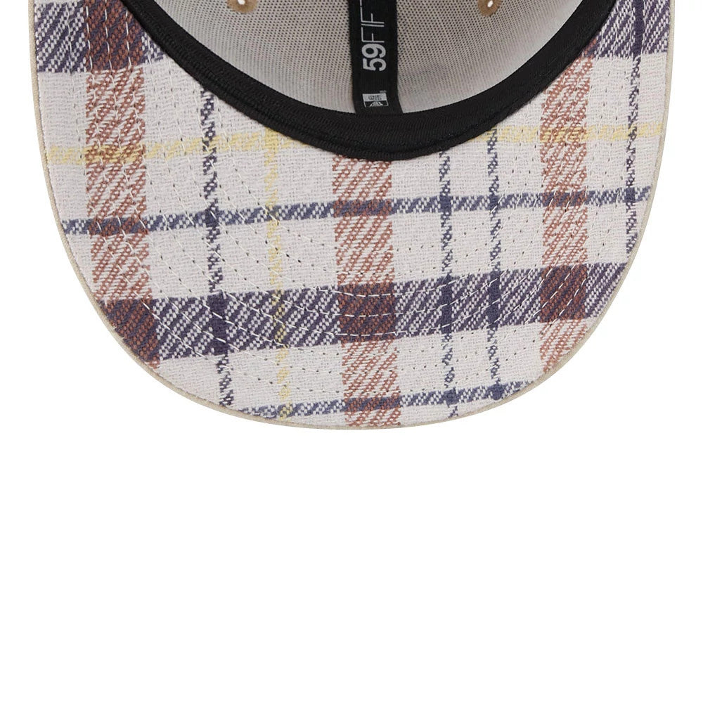 LA Dodgers MLB Halloween Beige New Era 59FIFTY Fitted Cap, inside view showing the intricate plaid pattern on the undervisor in shades of beige, maroon, and navy, with the black sweatband and 59FIFTY logo taping along the crown.