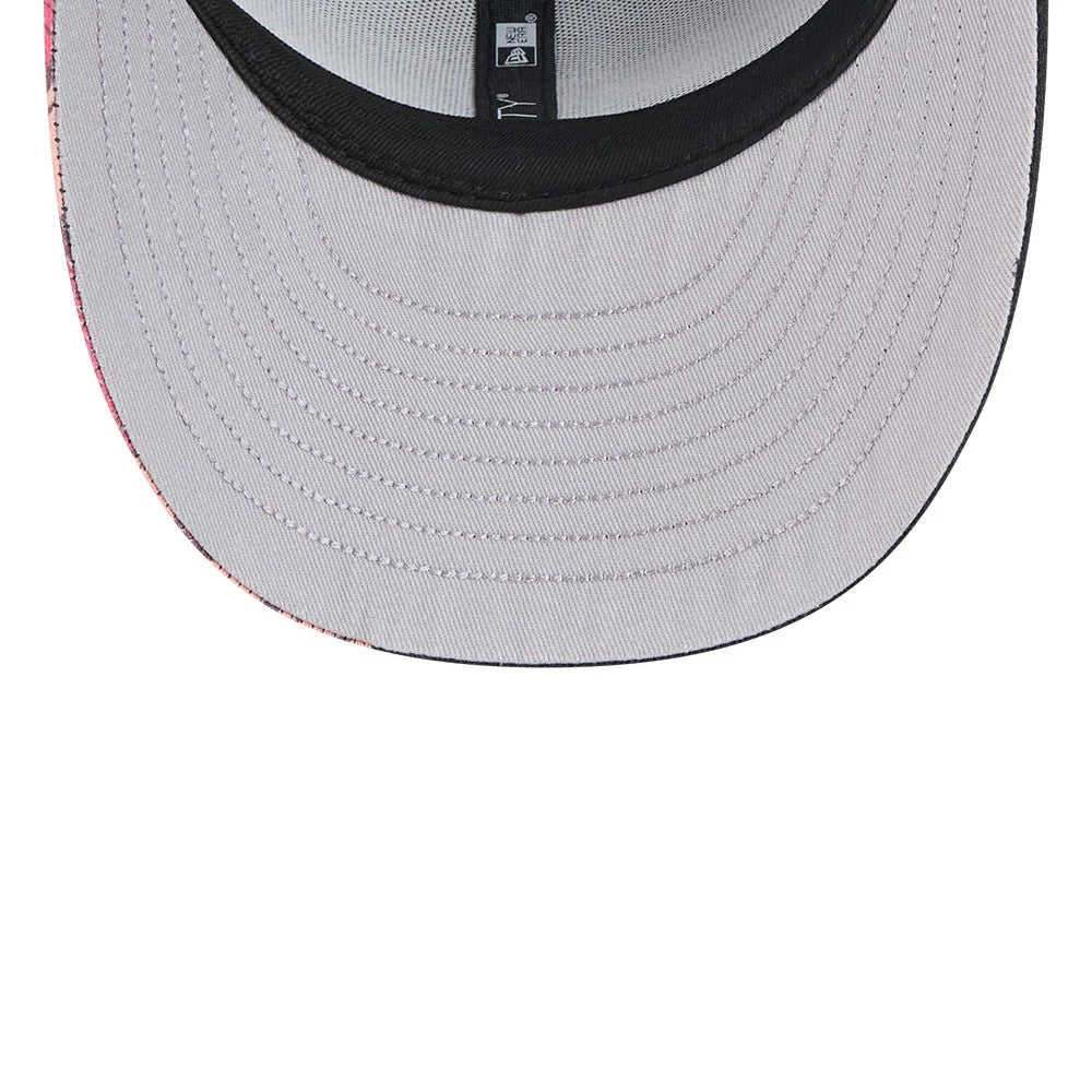 LA Dodgers MLB Halloween Black New Era 9FIFTY Snapback Adjustable Cap, inside view showing the light grey undervisor, a contrasting black sweatband running along the inner edge, and a central black taping with patterned stitching.