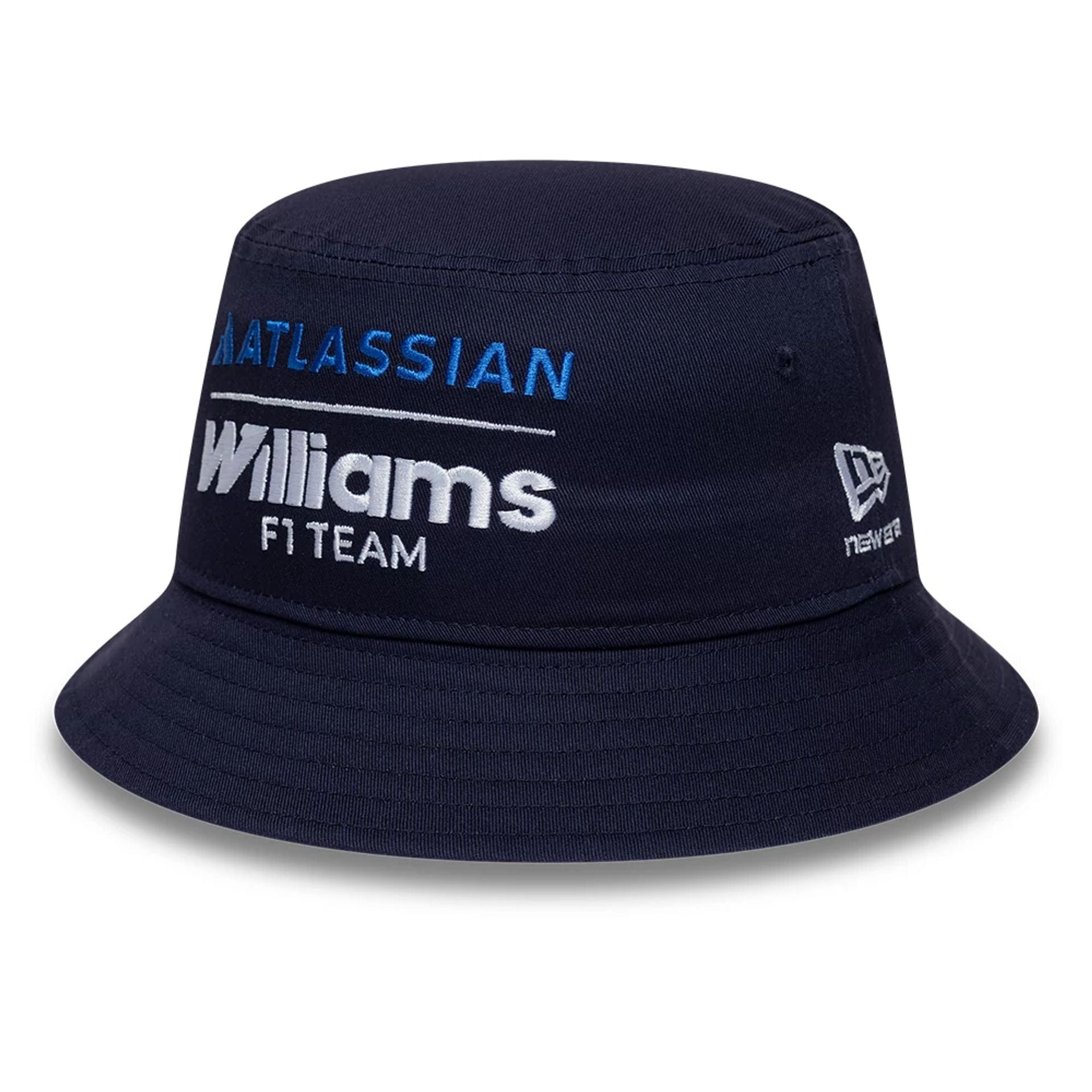 Pictured is this Youth Atlassian Williams F1 Team Essential Bucket hat in navy. 1