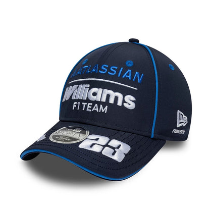 Youth Williams Alex Albon Navy New Era 9FORTY M-Crown Adjustable Cap, front view showing white Williams F1 Team embroidery, blue Atlassian text above, and large white number 23 on the curved visor with the 9FORTY size sticker.