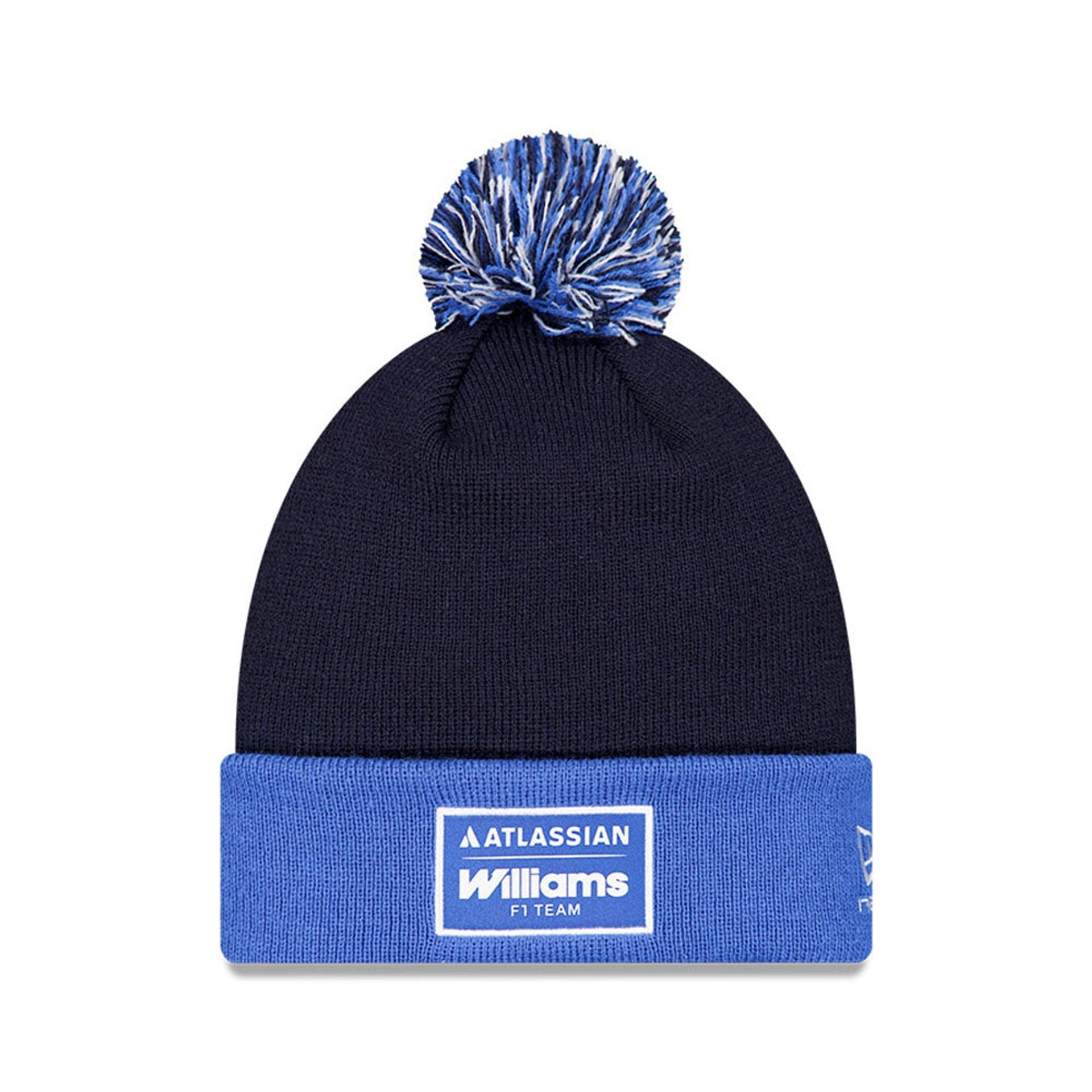 Pictured is this Atlassian Williams F1 Team Essential Bobble Knit Beanie hat in navy. 1