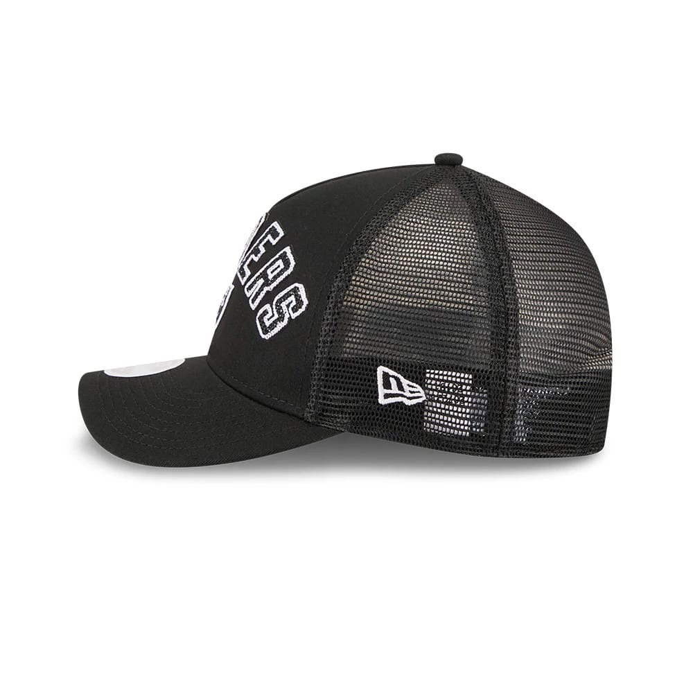 Pictured is this Womens NFL Las Vegas Raiders 9FORTY M-Crown A-Frame Trucker cap in black. 5
