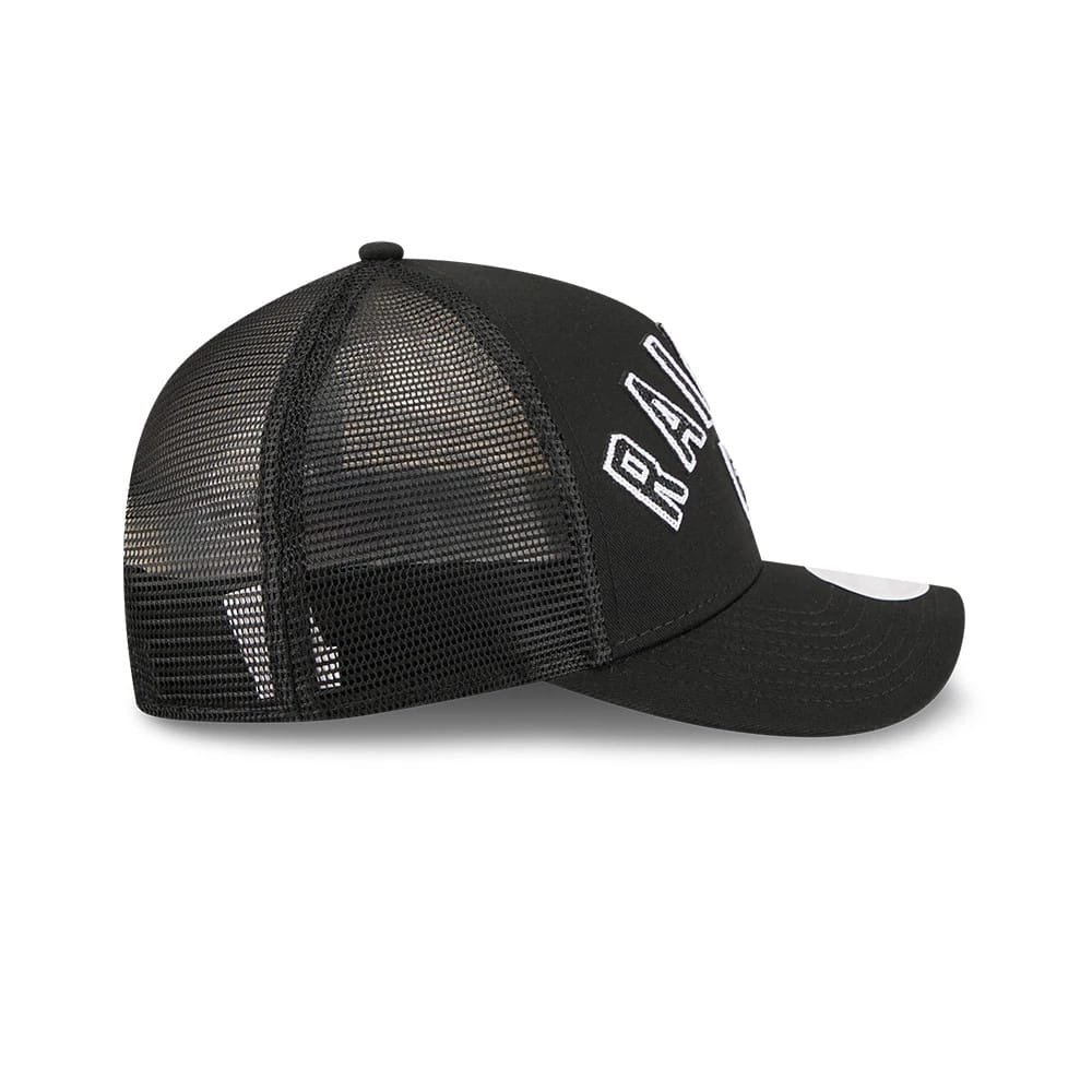 Pictured is this Womens NFL Las Vegas Raiders 9FORTY M-Crown A-Frame Trucker cap in black. 6