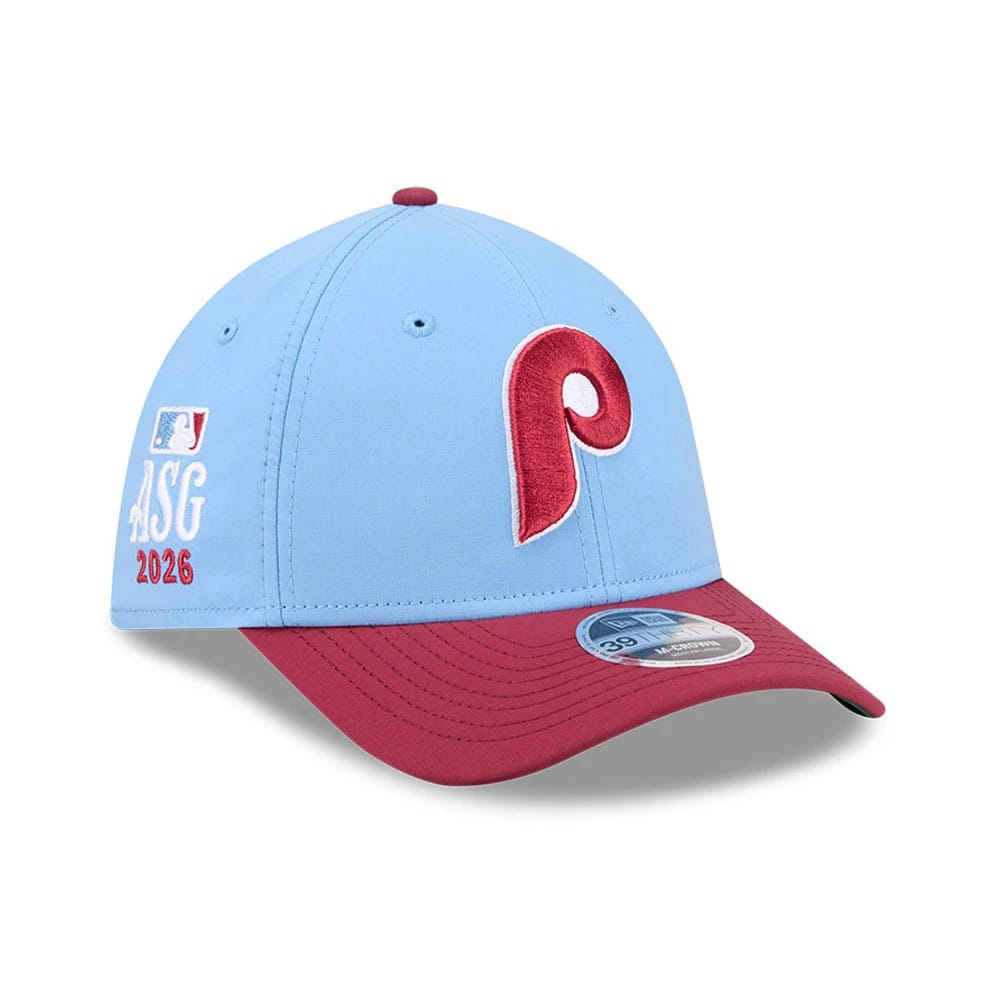Pictured is this MLB All Star Game Philadelphia Phillies 39THIRTY M-Crown Stretch Fit cap in pastel blue. 1