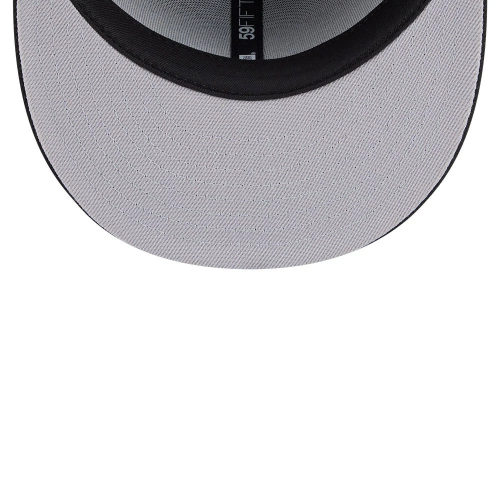 Chicago White Sox MLB Rhinestone Badge Black New Era 59FIFTY Fitted Cap, inside view showing a grey undervisor, black headband with the 59FIFTY size marking, and contrasting black taping running across the interior of the structured crown.