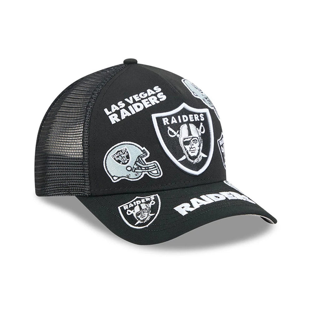 Raiders NFL All Over Black New Era 9FORTY M-Crown A-Frame Trucker Adjustable Cap, front view showing multiple white embroidered Raiders logos and text across the structured black front panel and curved black visor with mesh side panels.