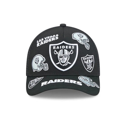 Pictured is this NFL All Over Las Vegas Raiders 9FORTY M-Crown A-Frame Trucker cap in black. 3