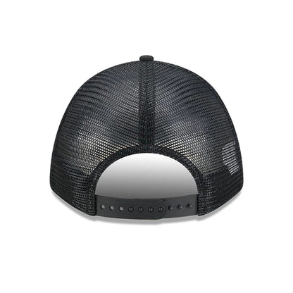 Pictured is this NFL All Over Las Vegas Raiders 9FORTY M-Crown A-Frame Trucker cap in black. 7