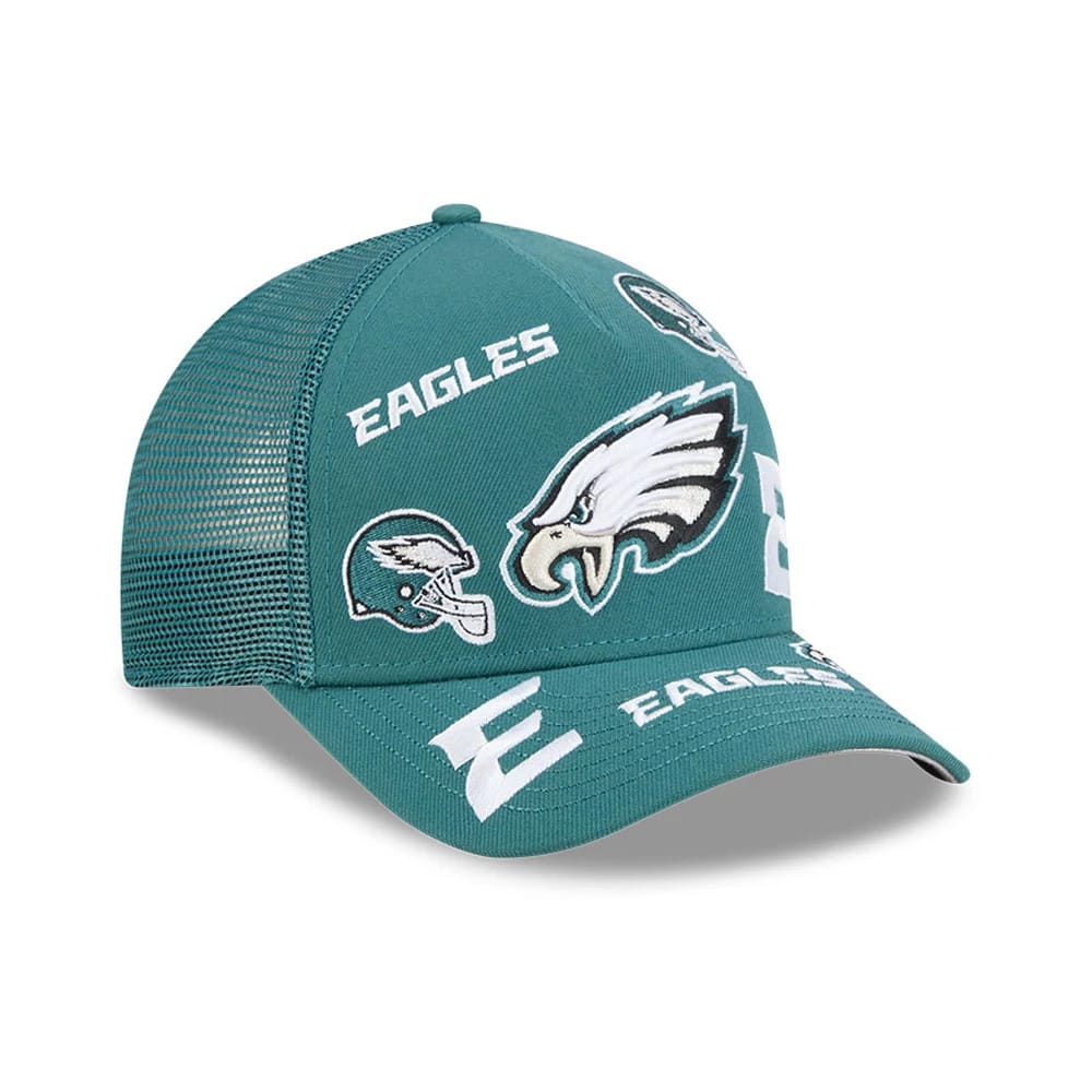 Pictured is this NFL All Over Philadelphia Eagles 9FORTY M-Crown A-Frame Trucker cap in dark green. 4