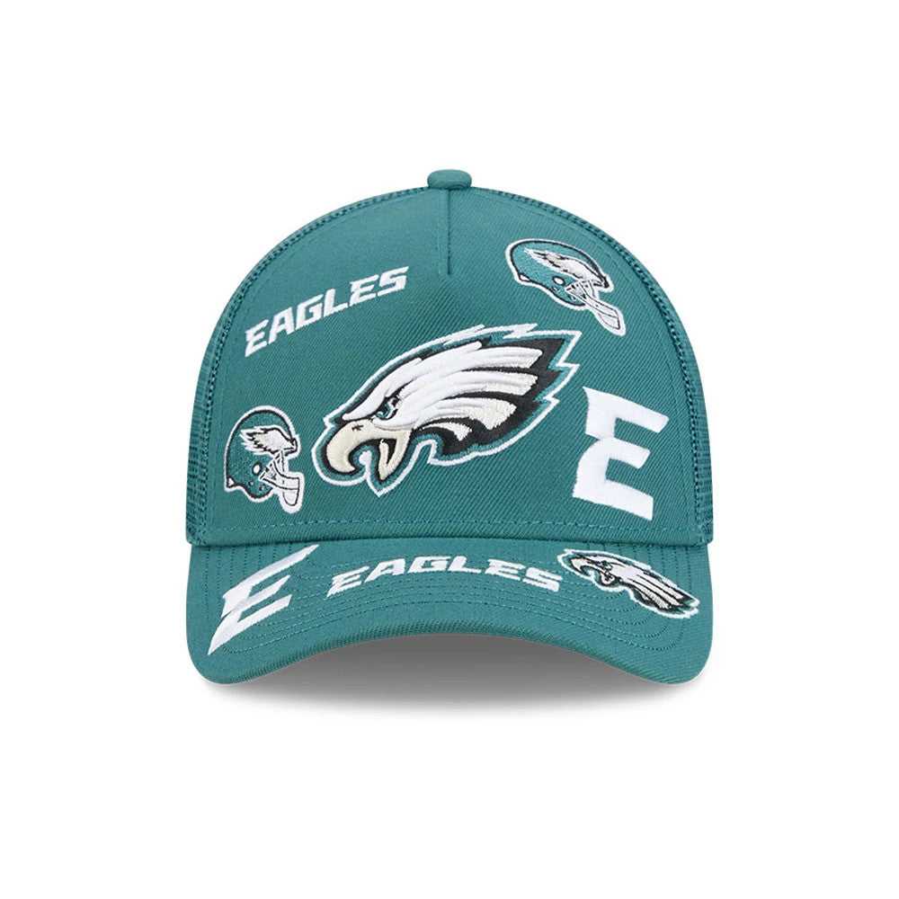 Pictured is this NFL All Over Philadelphia Eagles 9FORTY M-Crown A-Frame Trucker cap in dark green. 3