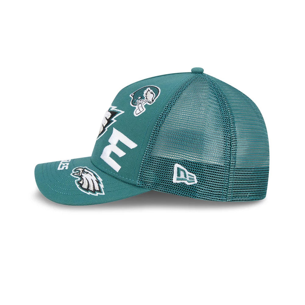Pictured is this NFL All Over Philadelphia Eagles 9FORTY M-Crown A-Frame Trucker cap in dark green. 5