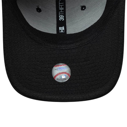 Chicago White Sox MLB Tech Black New Era 39THIRTY Stretch Fit Cap, inside view showing grey 39THIRTY taping across the black crown, MLB branded sticker on the black undervisor, and dual black eyelets on either side of the cap.
