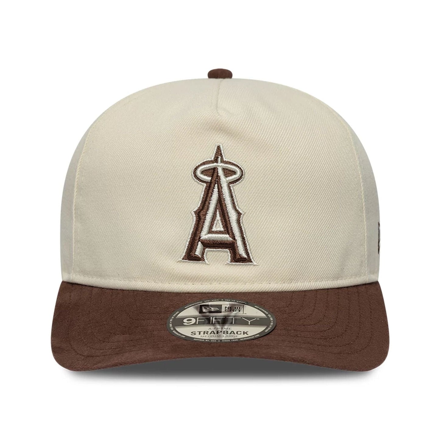 Pictured is this MLB Suede Visor LA Angels 9FIFTY A-Frame Snapback cap in Cream. 3