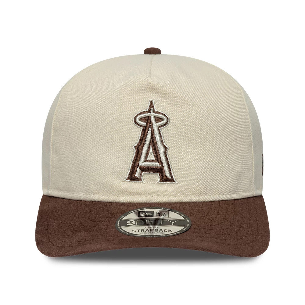 LA Angels MLB Suede Visor Cream New Era 9FIFTY A-Frame Adjustable Cap, front view showing a brown raised embroidered Angels logo on the cream front panel, with a brown suede visor and a 9FIFTY size sticker on the visor.